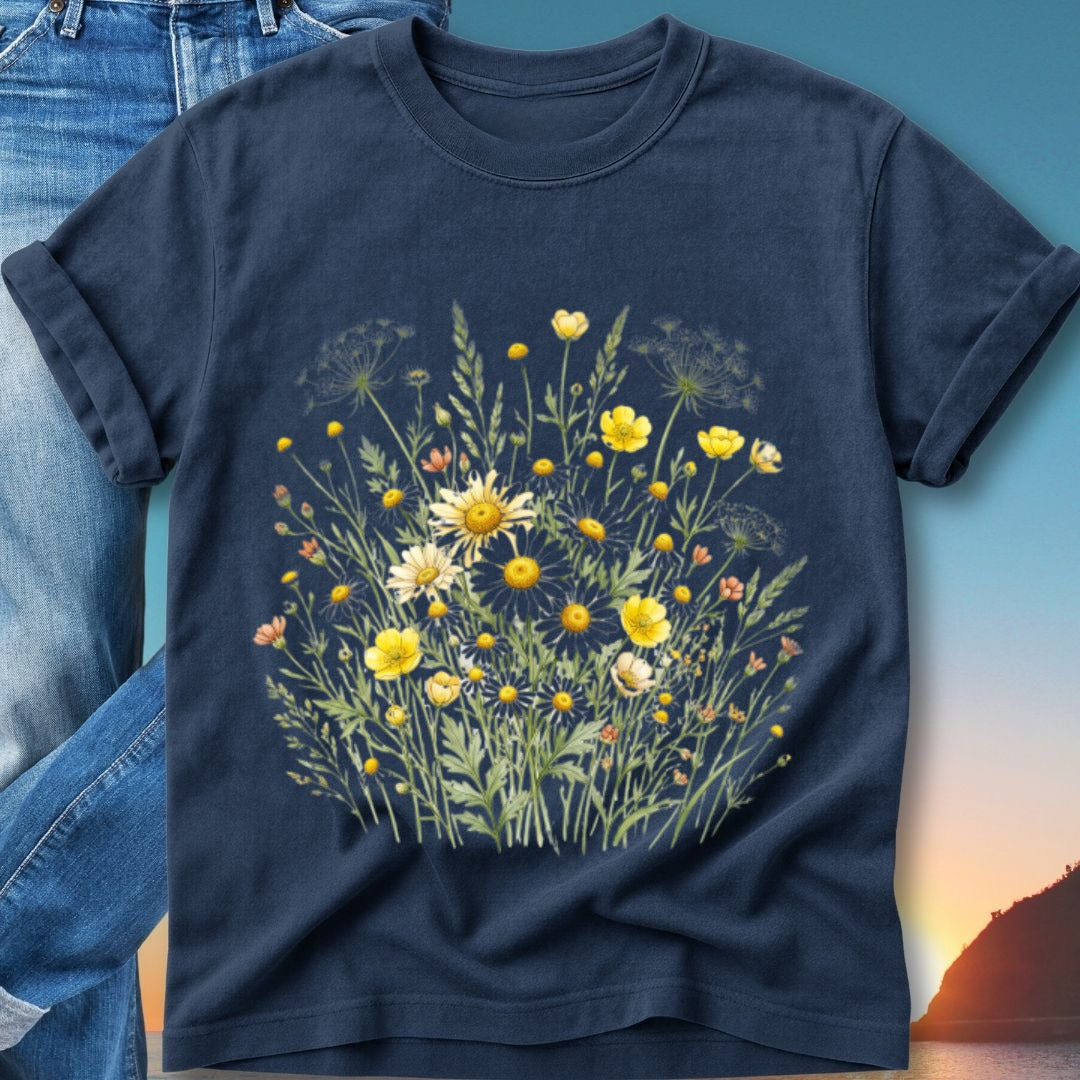 Navy t-shirt with a watercolor wildflower floral design.