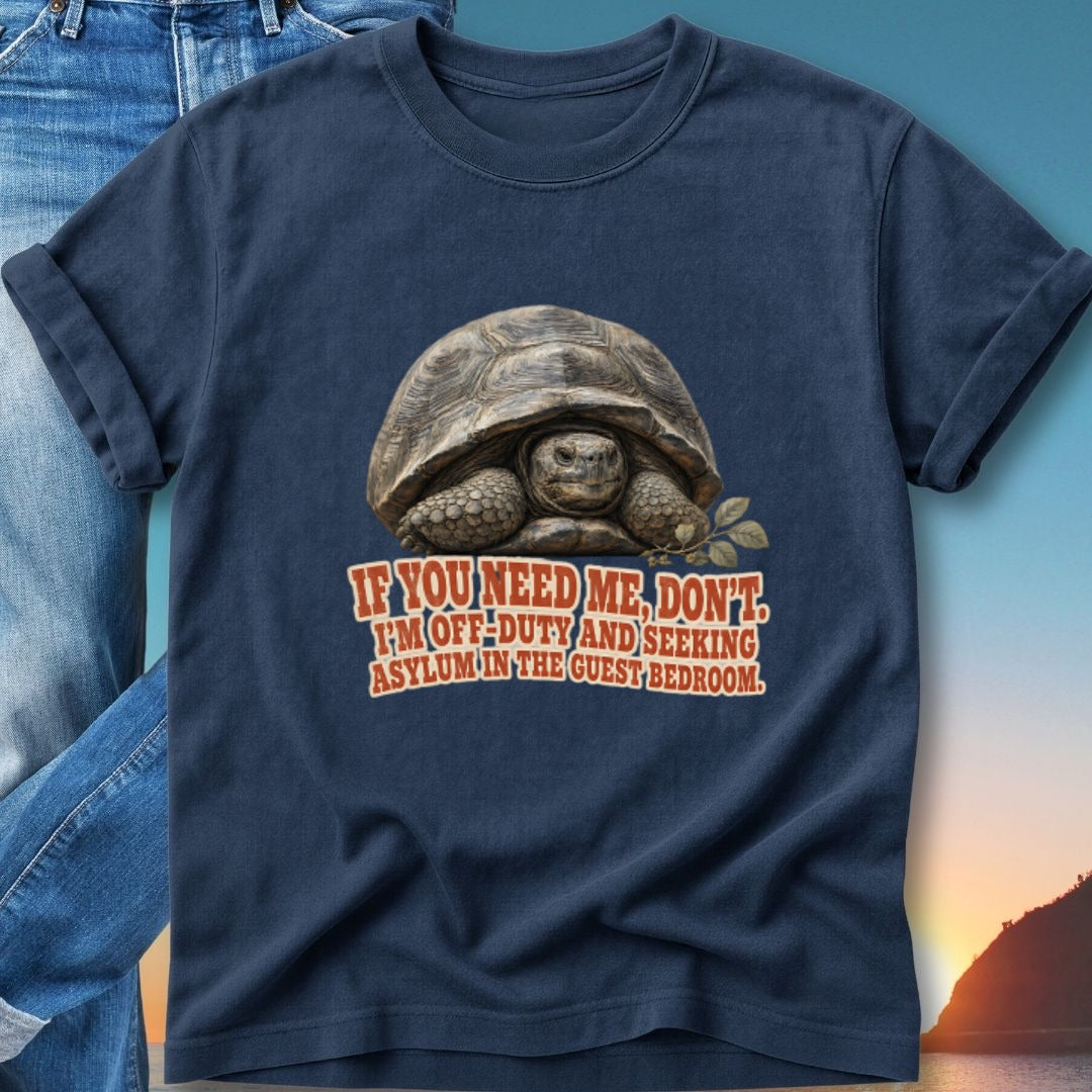 Navy t-shirt with tortoise graphic and "If you need me, don't. I'm off duty..." text.