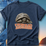 Navy t-shirt with tortoise graphic and "If you need me, don't. I'm off duty..." text.