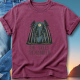 Maroon t-shirt with "The Trees Remember" text and a forest scene.