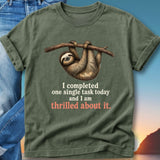 Green t-shirt with sloth hanging from a branch, text "I completed one single task today and I am thrilled about it."