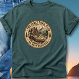 T-shirt with circular graphic of hiking boot and mountains, "The Early Trail Club" text.