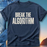 Navy t-shirt with "BREAK THE ALGORITHM" text and a crack graphic.
