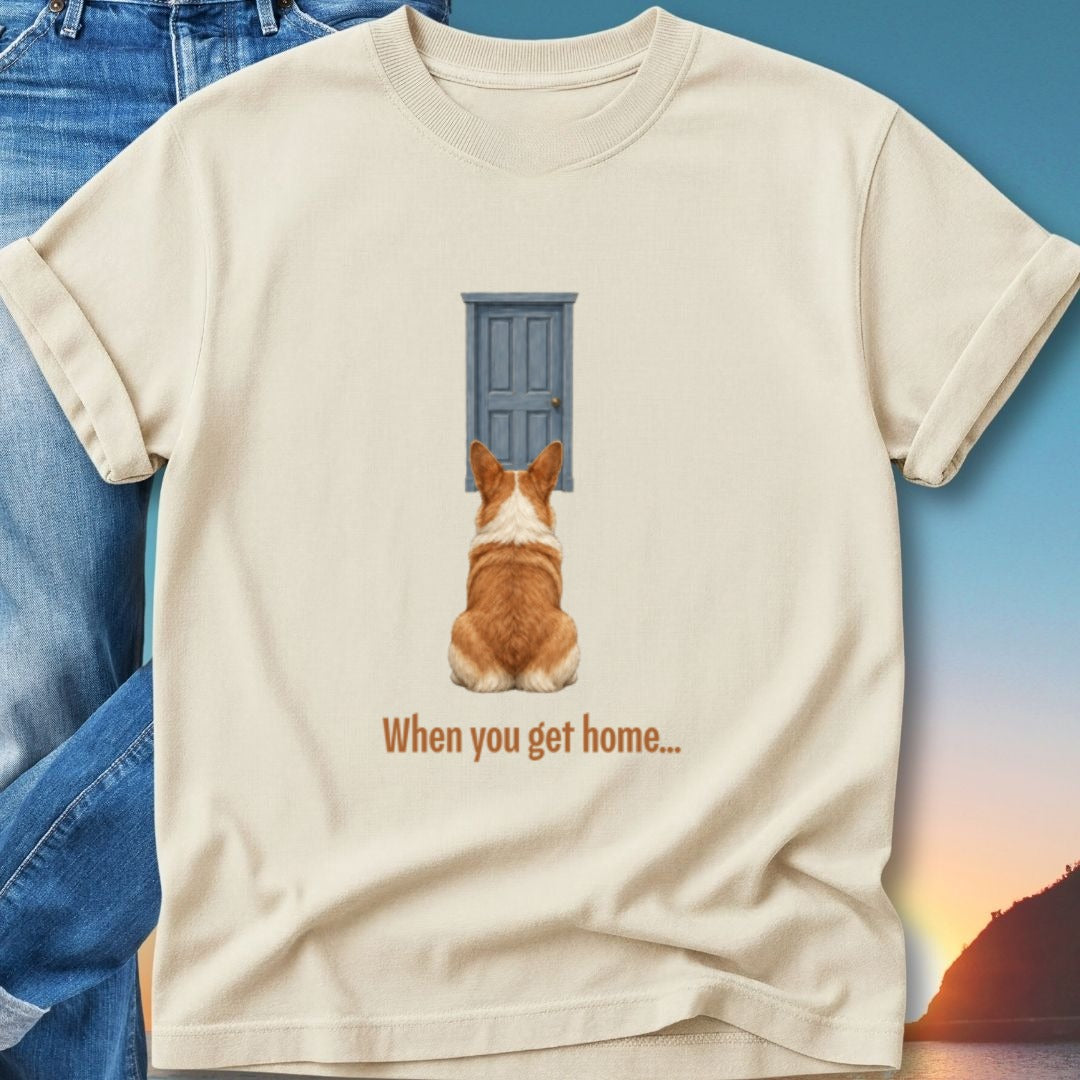 Corgi dog facing a blue door with "When you get home..." text.