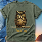 T-shirt with a wise owl wearing glasses perched on a branch.