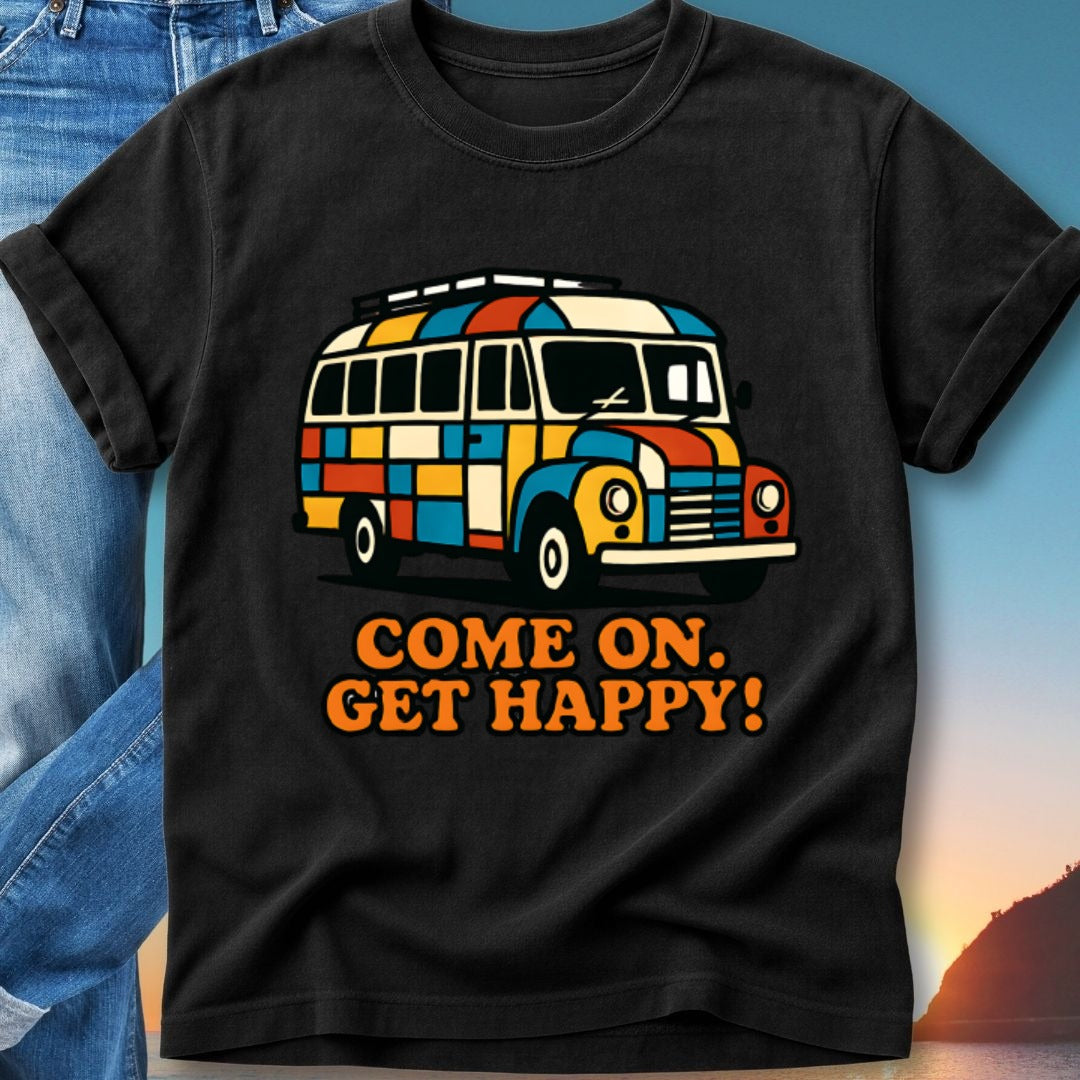 Retro van with colorful geometric pattern and "Come On. Get Happy!" text.
