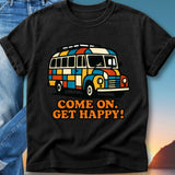 Retro van with colorful geometric pattern and "Come On. Get Happy!" text.