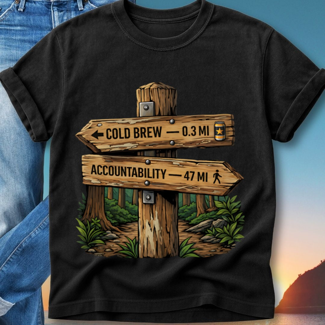 Wooden signpost with arrows pointing to "Cold Brew 0.3 mi" and "Accountability 47 mi".