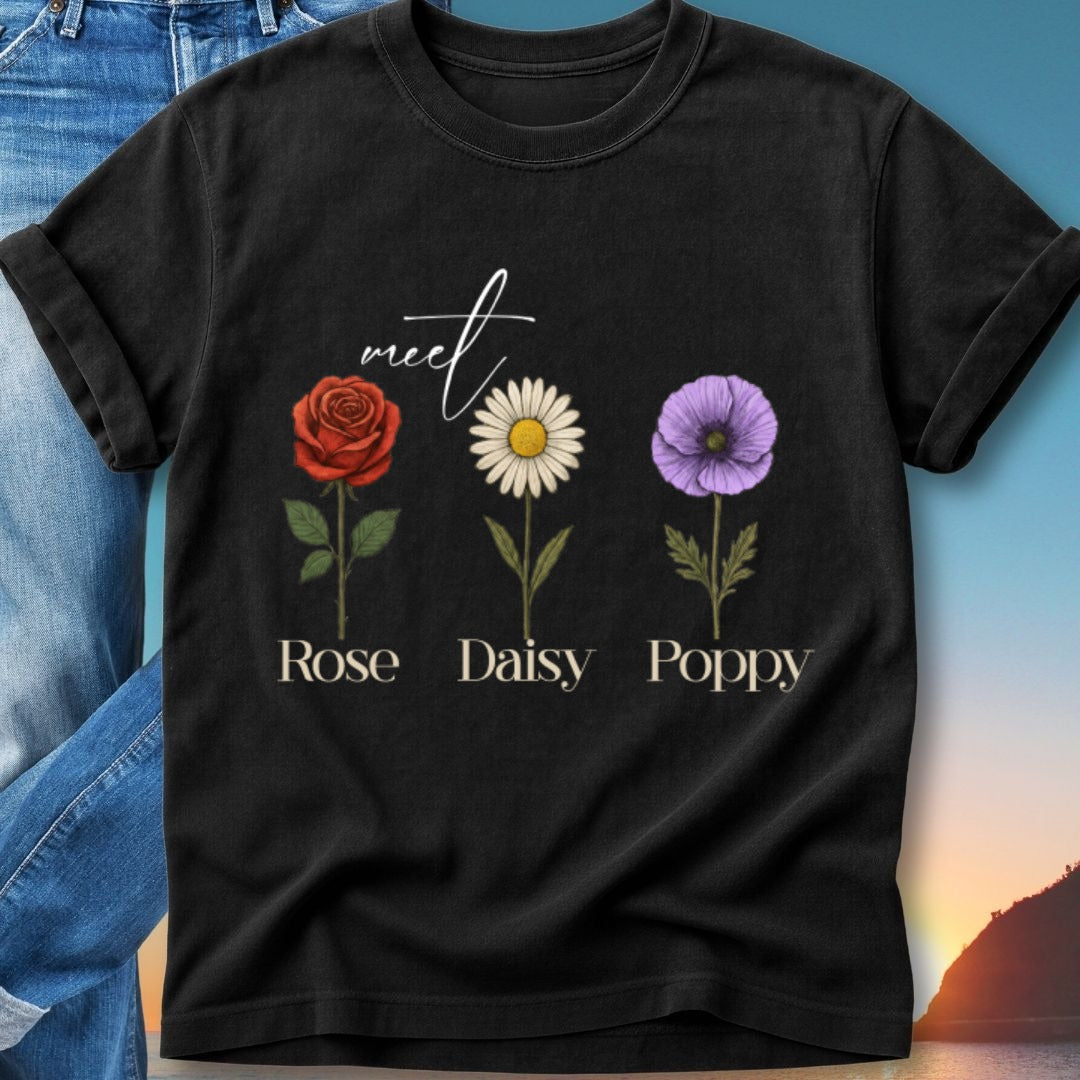 T-shirt with "Rose Daisy Poppy" text and floral illustrations.