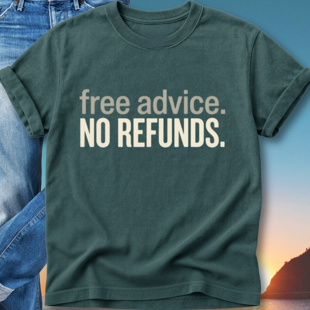 Dark green t-shirt with "free advice. NO REFUNDS." text.