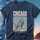 Navy t-shirt featuring a lion statue with "CHICAGO" and "BRONZE & BOUNDARIES" text.