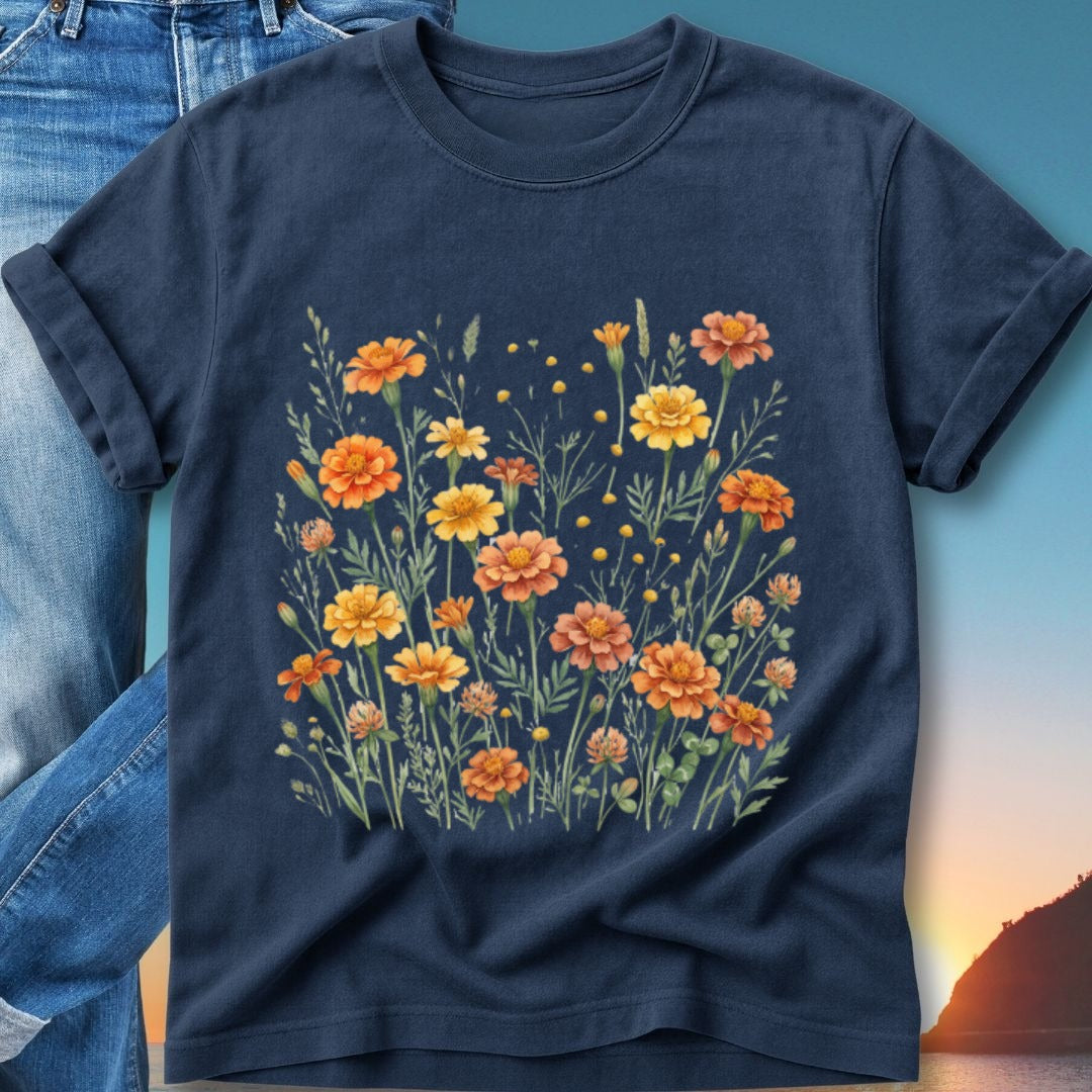 Navy t-shirt with a watercolor floral design of orange and yellow marigolds.
