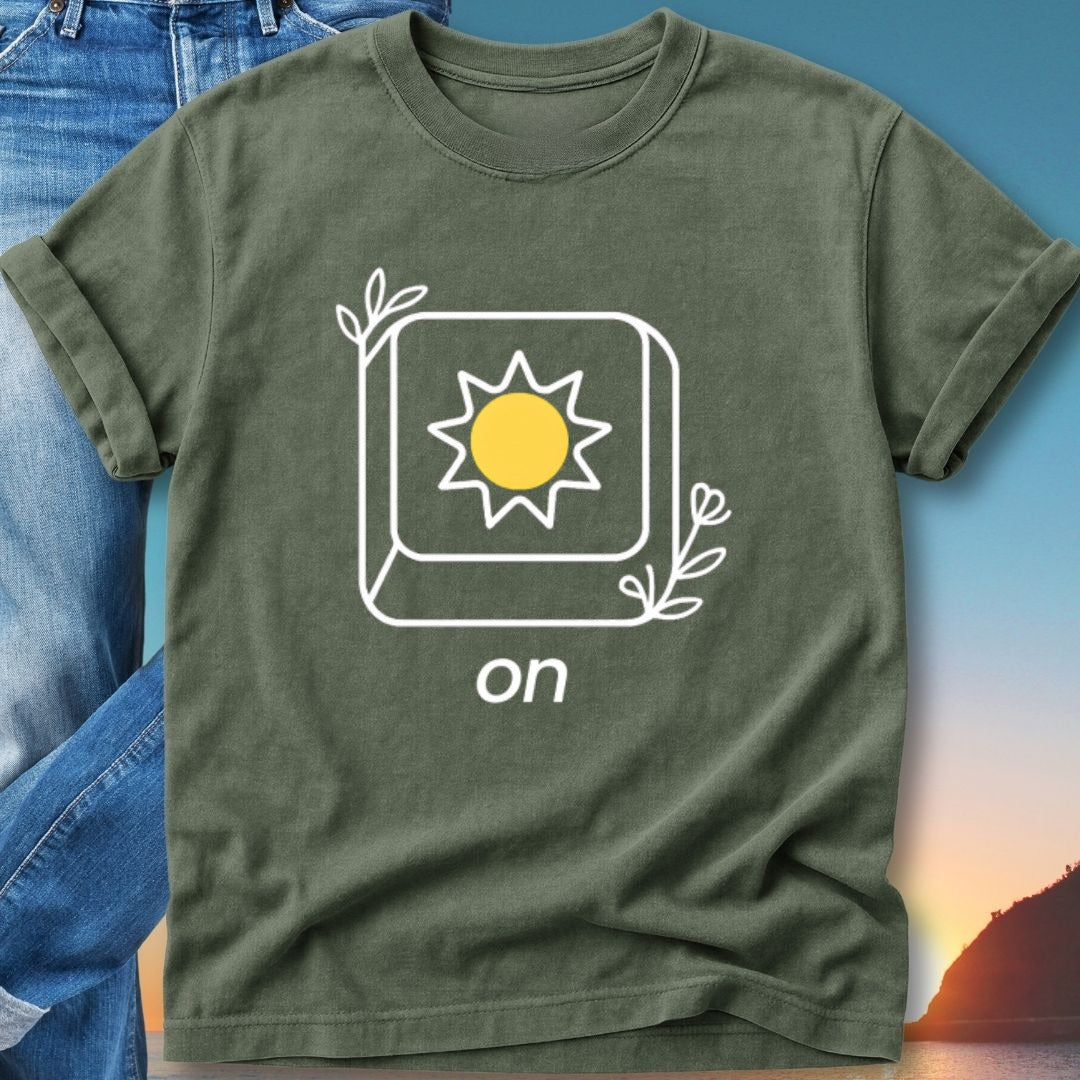 Olive green t-shirt with white sun icon and "on" text.