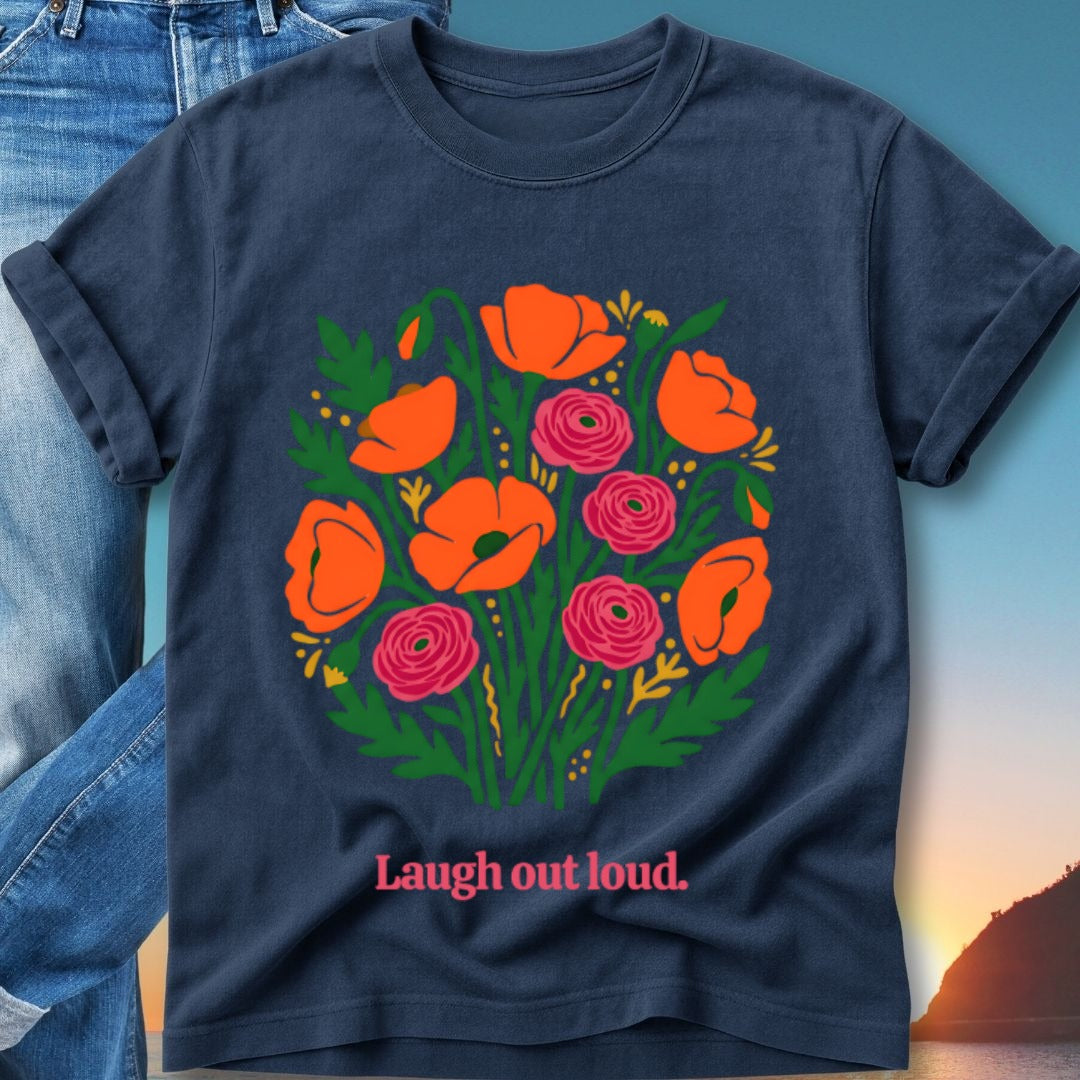 Navy t-shirt with a circular floral design and "Laugh out loud." text.