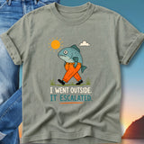 Fish in pants walks with sun and cloud graphic, text "I WENT OUTSIDE. IT ESCALATED."