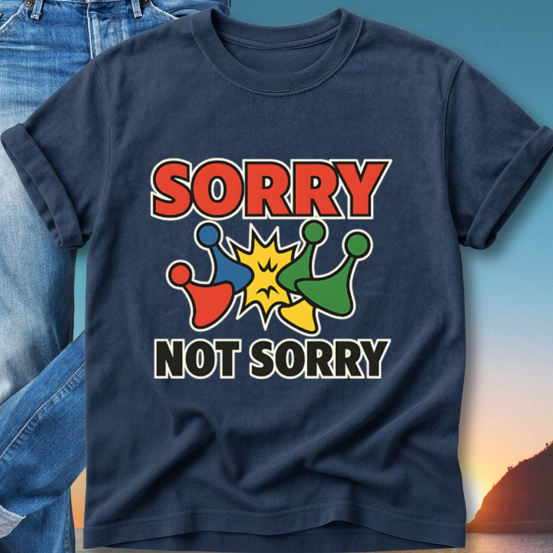 Navy t-shirt with "SORRY NOT SORRY" and colorful cartoon pieces.