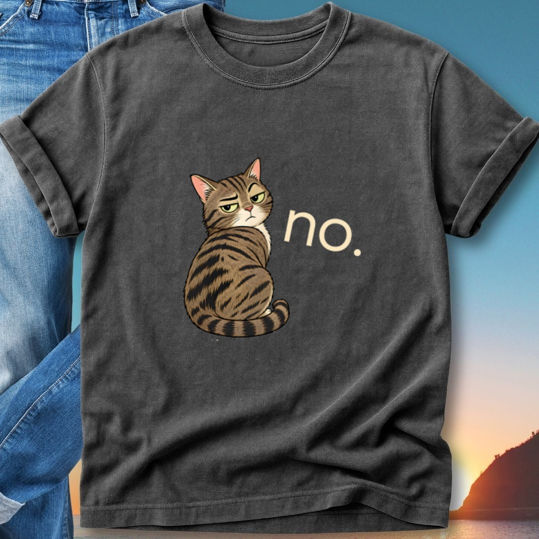 Dark gray t-shirt with a grumpy cat illustration and the word "no."
