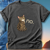 Dark gray t-shirt with a grumpy cat illustration and the word "no."