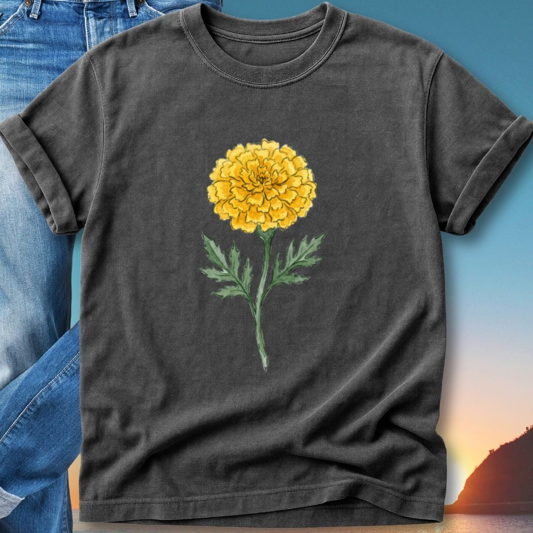 Dark t-shirt with watercolor marigold flower graphic.