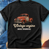 Red vintage pickup truck with "Vintage Engine" text on a black t-shirt.