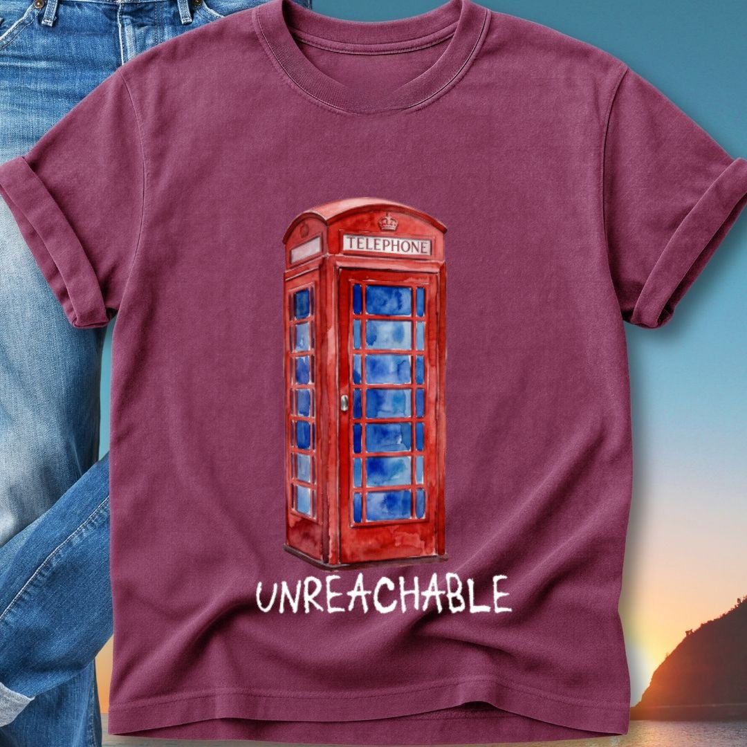 Red watercolor telephone booth with "UNREACHABLE" text below.