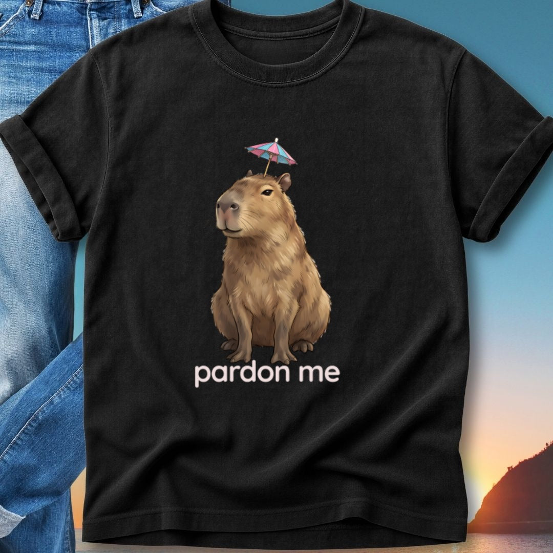 Capybara wearing a small umbrella on its head, with "pardon me" text.
