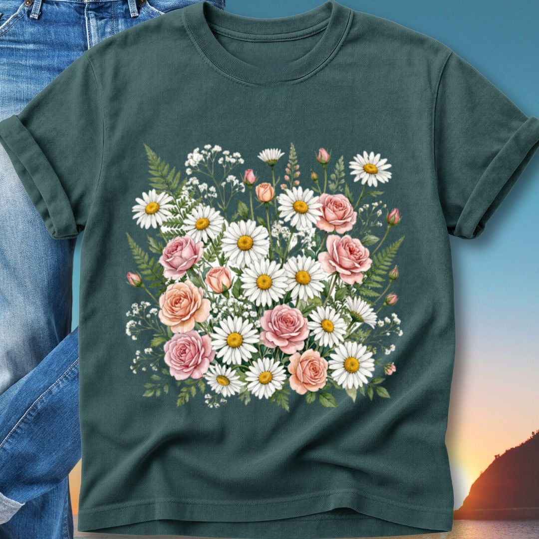 Dark t-shirt with a bouquet of pink roses and white daisies.