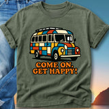 Colorful retro bus graphic with "COME ON. GET HAPPY!" text on a green t-shirt.