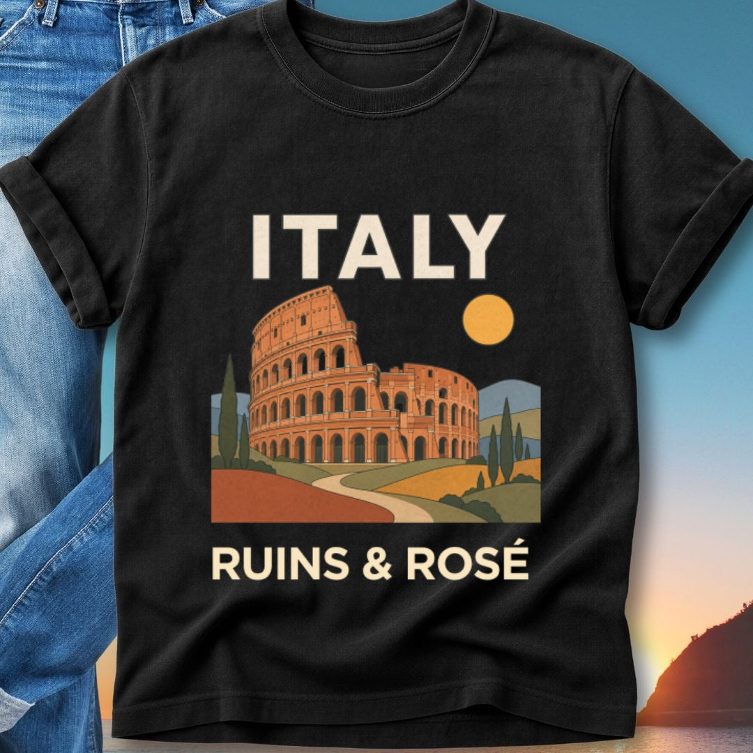 Black t-shirt with "ITALY RUINS & ROSÉ" and Colosseum graphic.