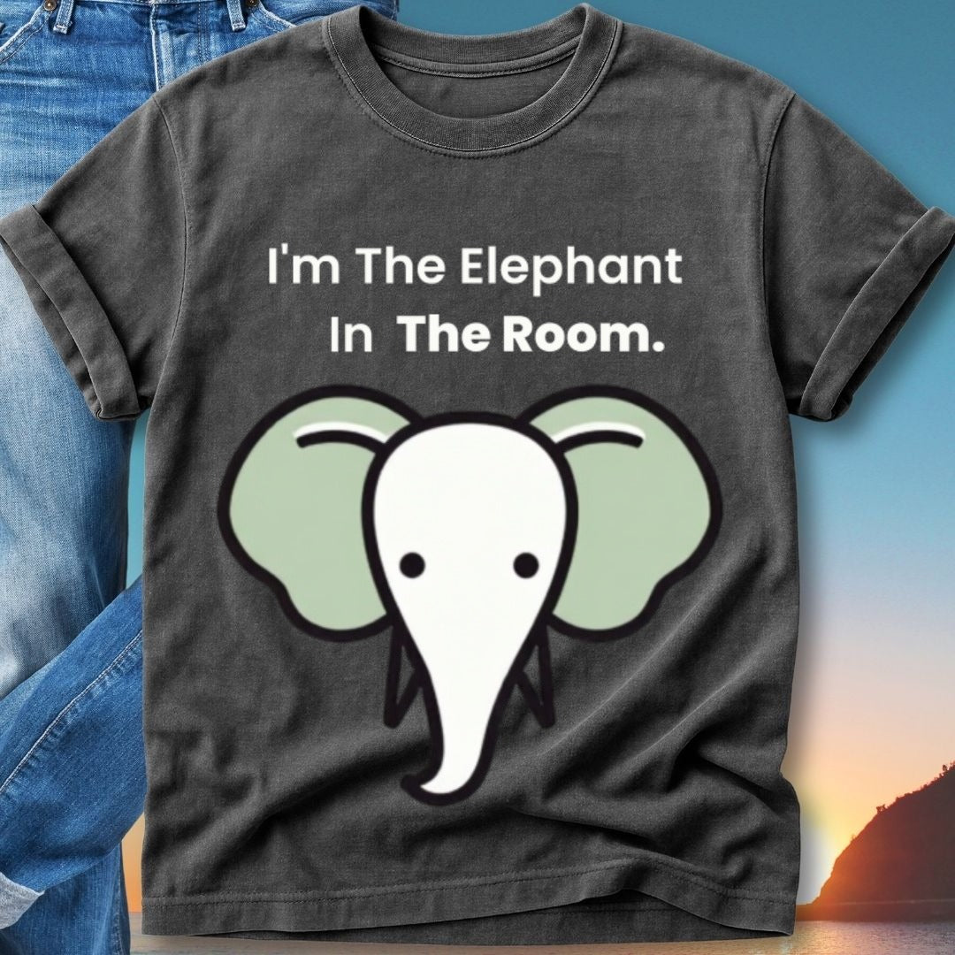 T-shirt with graphic of cartoon elephant and text "I'm The Elephant In The Room."