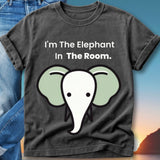 T-shirt with graphic of cartoon elephant and text "I'm The Elephant In The Room."