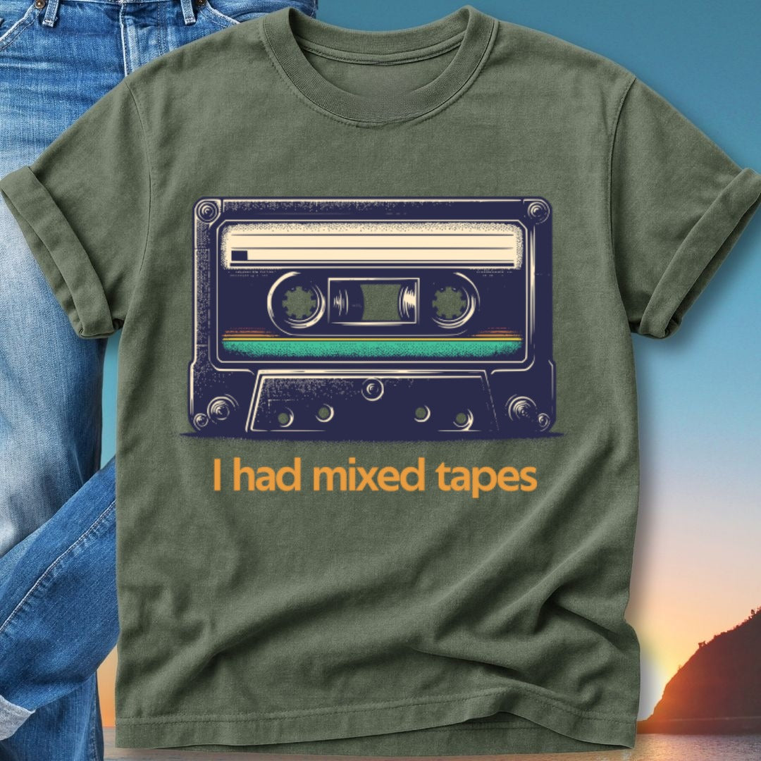 Olive t-shirt with a vintage cassette tape graphic and "I had mixed tapes" text.