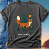 Dark gray t-shirt with a fox, trees, and "Yes, I'm foxy." text.