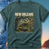 New Orleans streetcar illustration with "Trolleys and Detours" text.