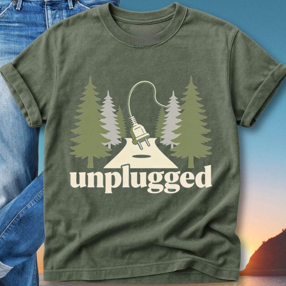 Green t-shirt with "unplugged" text and trees design.