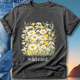 Dark t-shirt with a watercolor floral design and the text "wild card."