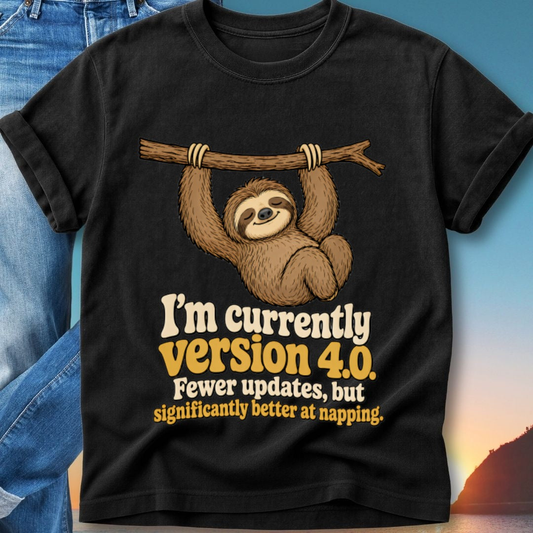 Black t-shirt with a sloth hanging from a branch and text about version 4.0.