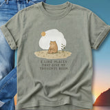 T-shirt with illustration of a bear sitting and text "I like places that give my thoughts room."