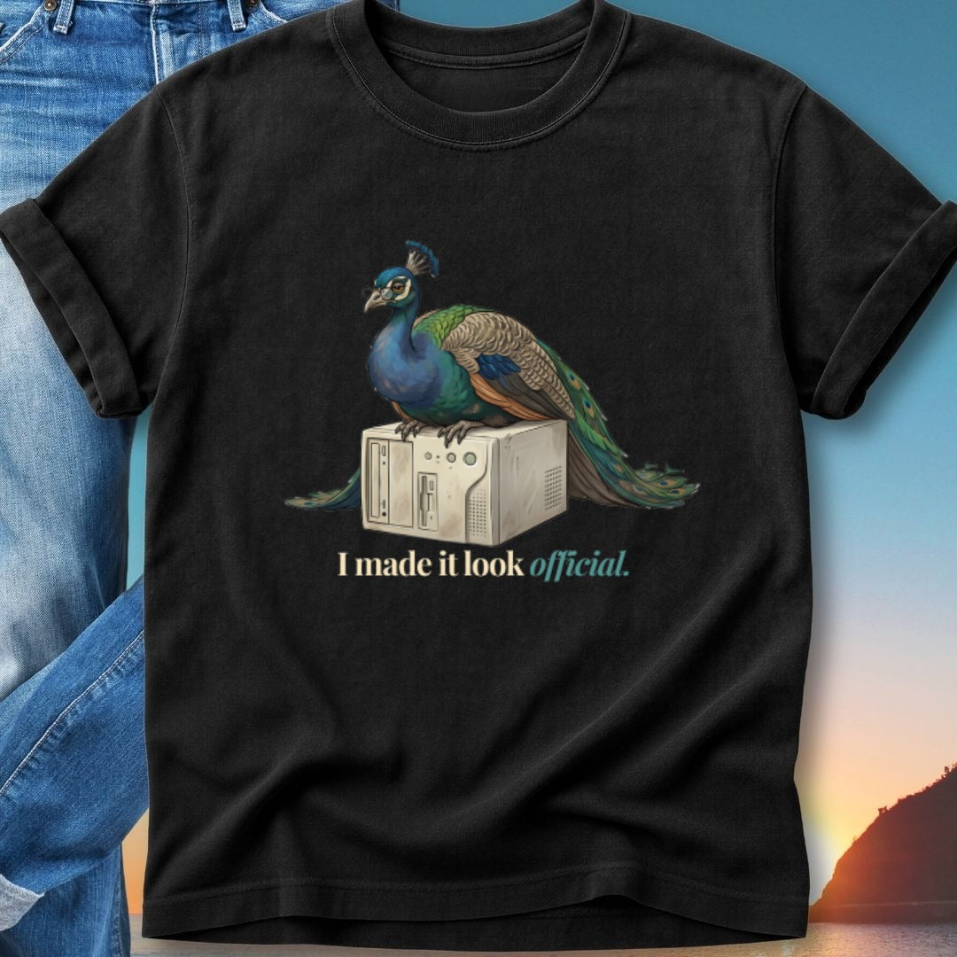 Peacock sitting on a computer tower with "I made it look official" text.