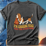 Basset hound with blanket and text "I'm Choosing Peace And The Other Room".