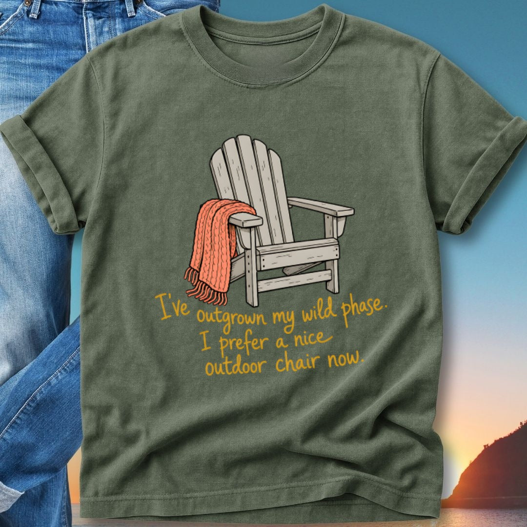 Green t-shirt with a wooden Adirondack chair and orange blanket graphic and text.