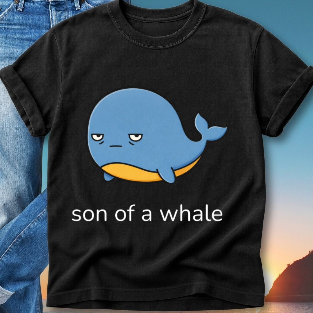 Black t-shirt with cartoon blue whale graphic and text "son of a whale".