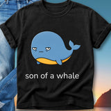 Black t-shirt with cartoon blue whale graphic and text "son of a whale".