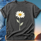 Dark grey t-shirt with a single daisy graphic.