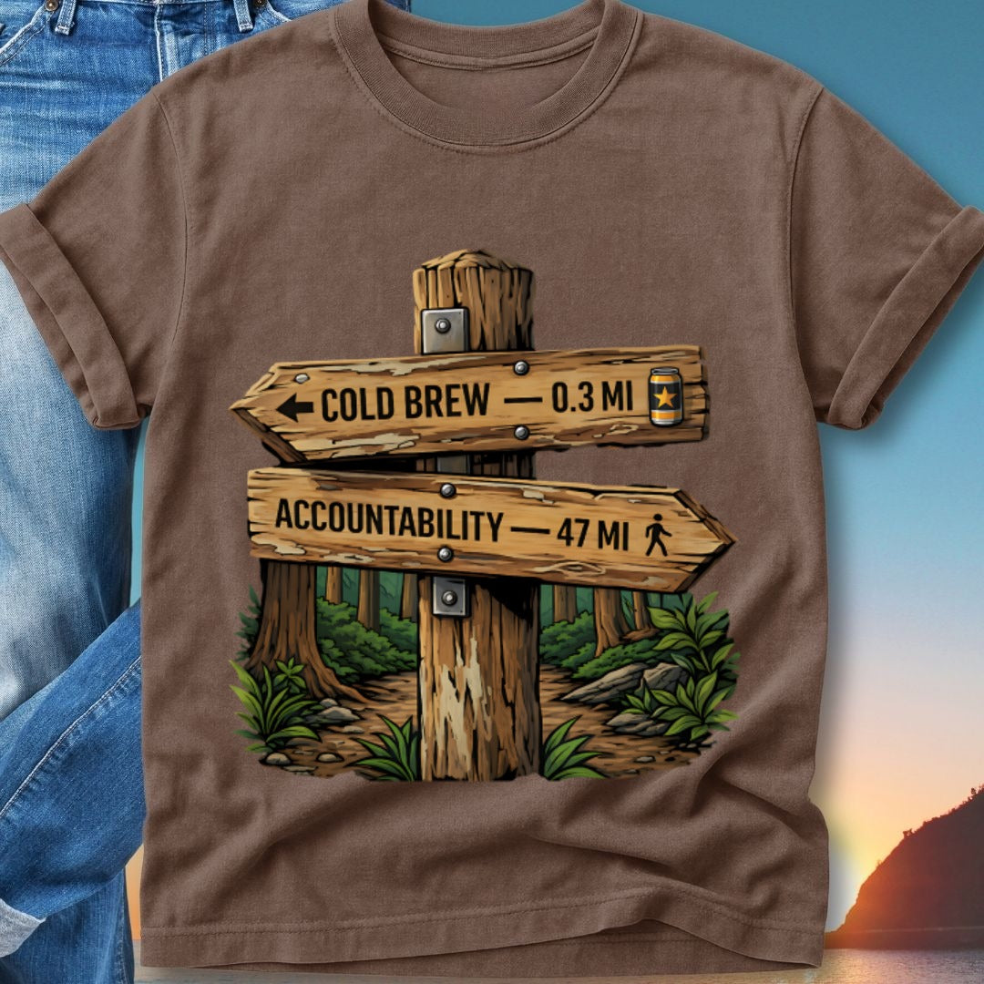 Wooden signpost pointing towards "Cold Brew 0.3 Mi" and "Accountability 47 Mi".