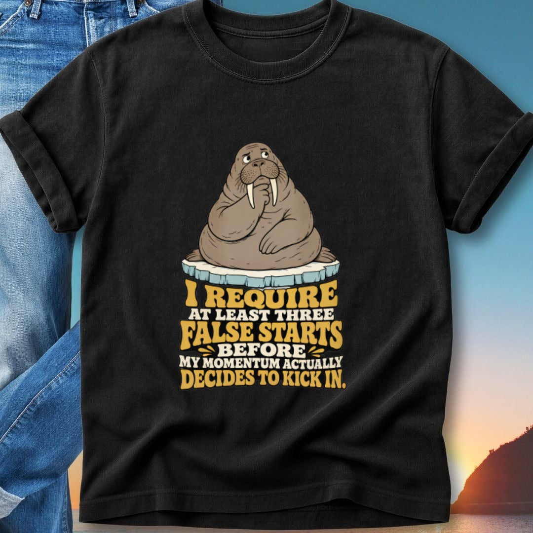 Walrus on a pedestal with humorous text about false starts.