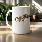 White ceramic mug with "Coffee Time" text in leopard print font.