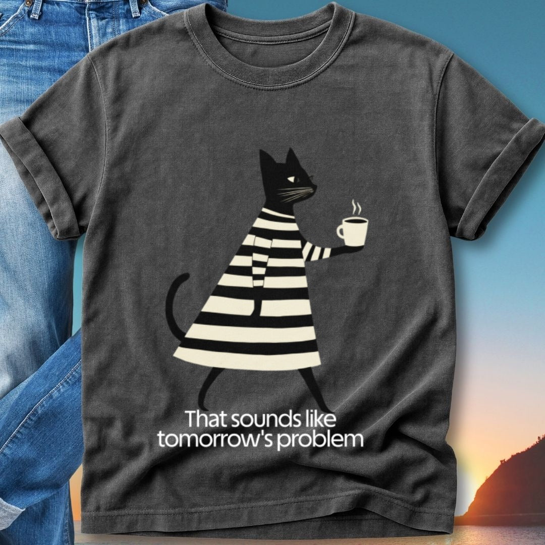 Black t-shirt with cat in striped shirt holding coffee cup and text.
