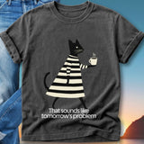 Black t-shirt with cat in striped shirt holding coffee cup and text.
