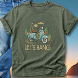 Green t-shirt with light blue scooter graphic and "LET'S HANG" text.